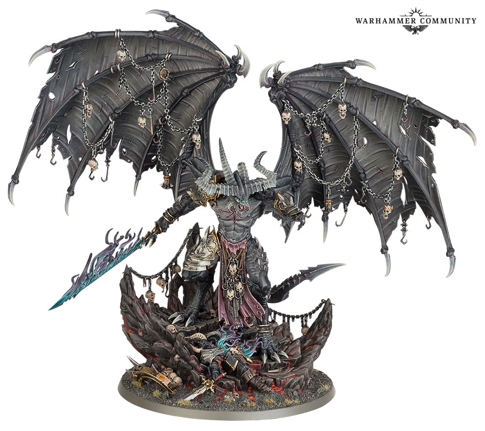 Image of a model of Be'lakor, a daemon prince model with a burning sword and wide wings festooned with chains.