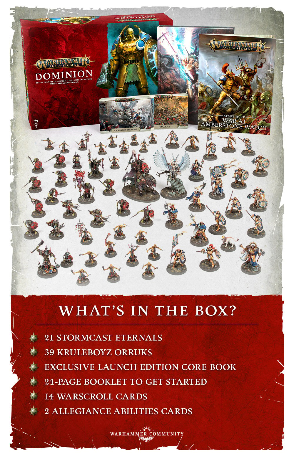 Image of the box and contents of Dominion:  21 Stormcast eternals, 39 orks, two rulebooks and 16 cards.