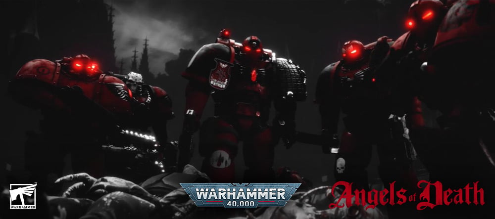 An image of the characters from the Angels Of Death animation. It's almost entirely black, with silhouetted space marines with glowing red eyes.